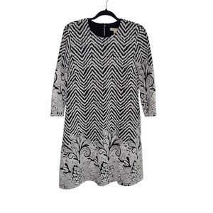 Prelude Women's Black & White Knit Chevron Floral Fit & Flare Dress Size L